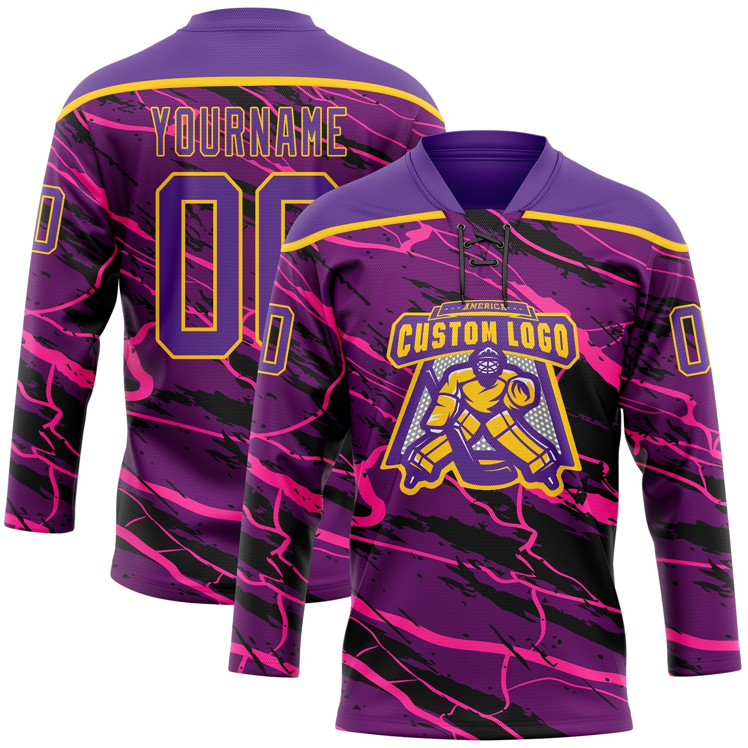 Custom Purple Black Pink-Yellow Lightning Hockey Lace Neck Jersey view 2