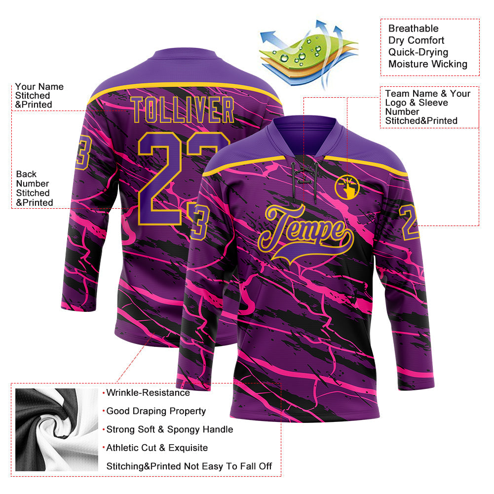 Custom Purple Black Pink-Yellow Lightning Hockey Lace Neck Jersey view 5