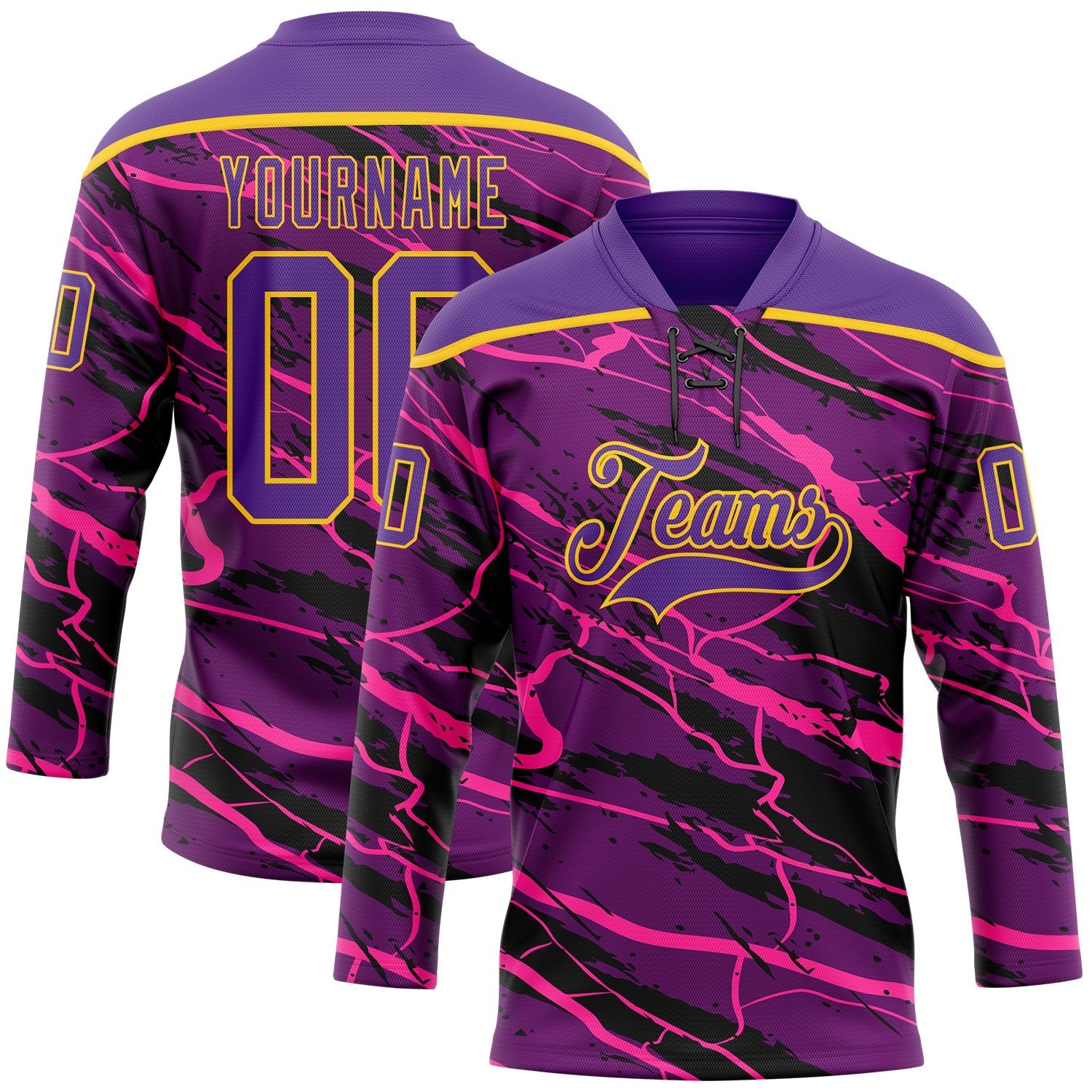 Custom Purple Black Pink-Yellow Lightning Hockey Lace Neck Jersey - Main View