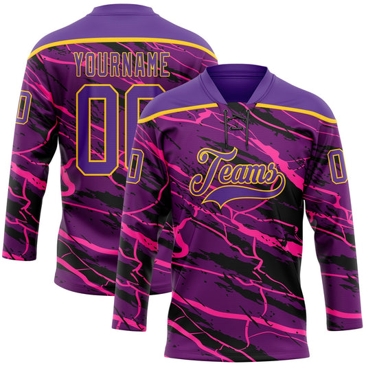 Custom Purple Black Pink-Yellow Lightning Hockey Lace Neck Jersey - Main View