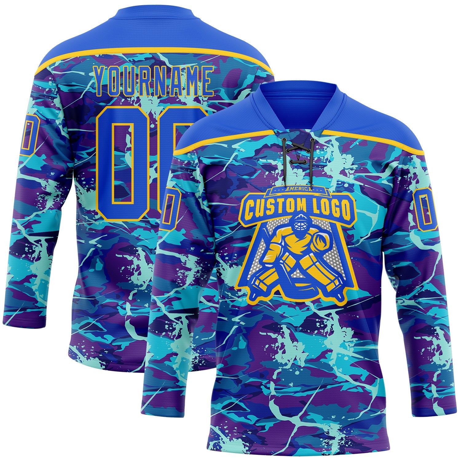 Custom Blue Thunder Blue-Yellow Lightning Hockey Lace Neck Jersey view 2