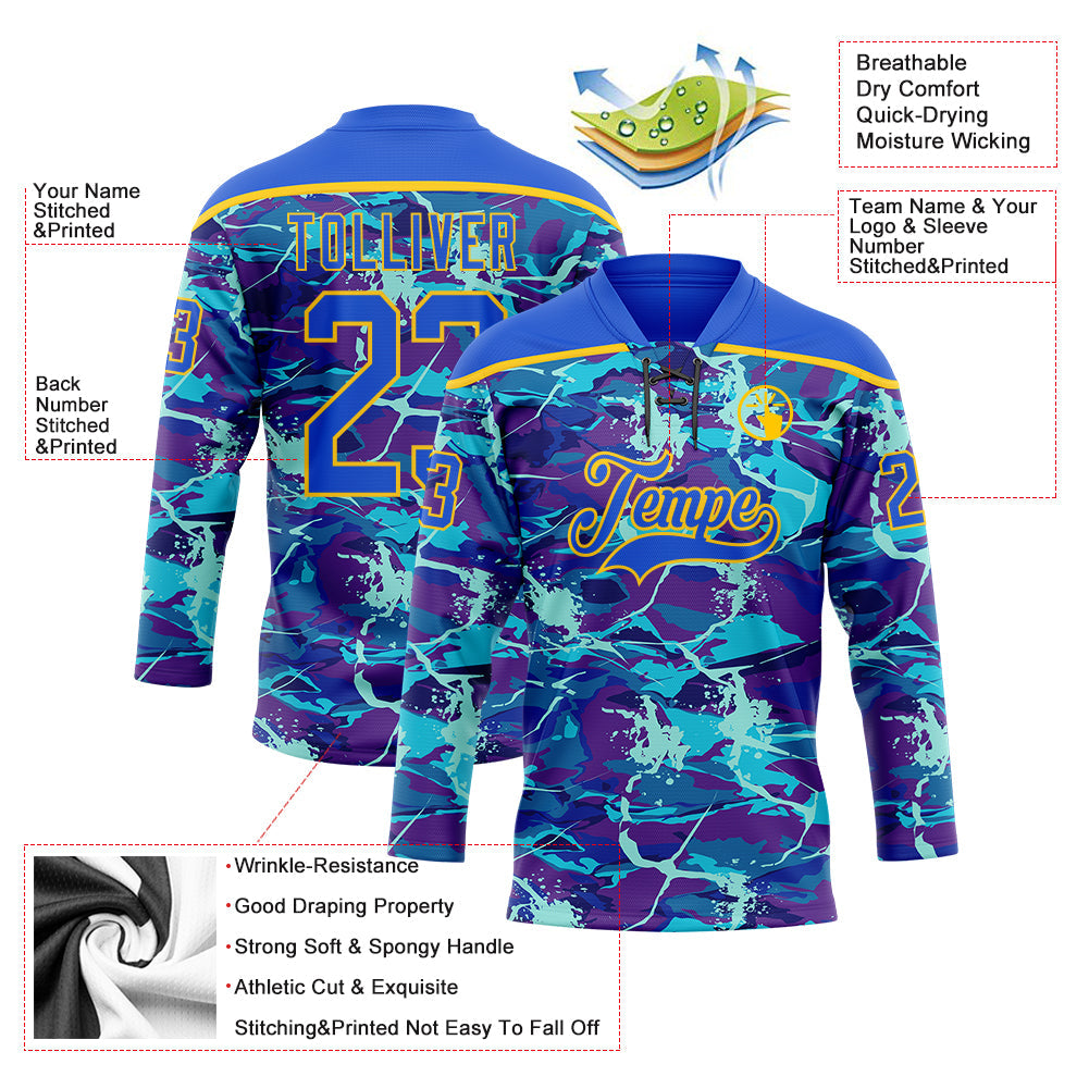 Custom Blue Thunder Blue-Yellow Lightning Hockey Lace Neck Jersey view 5