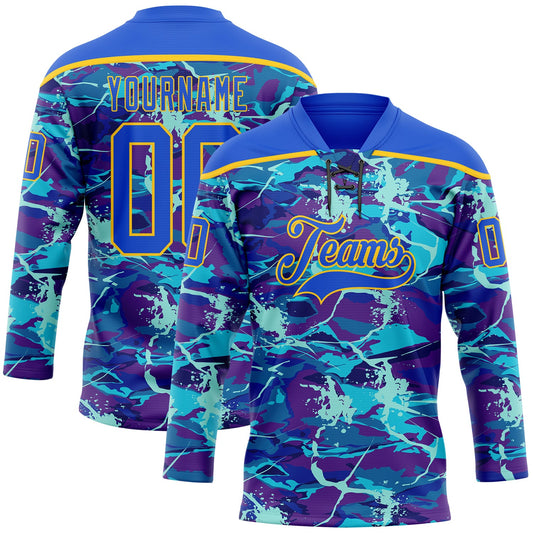 Custom Blue Thunder Blue-Yellow Lightning Hockey Lace Neck Jersey - Main View