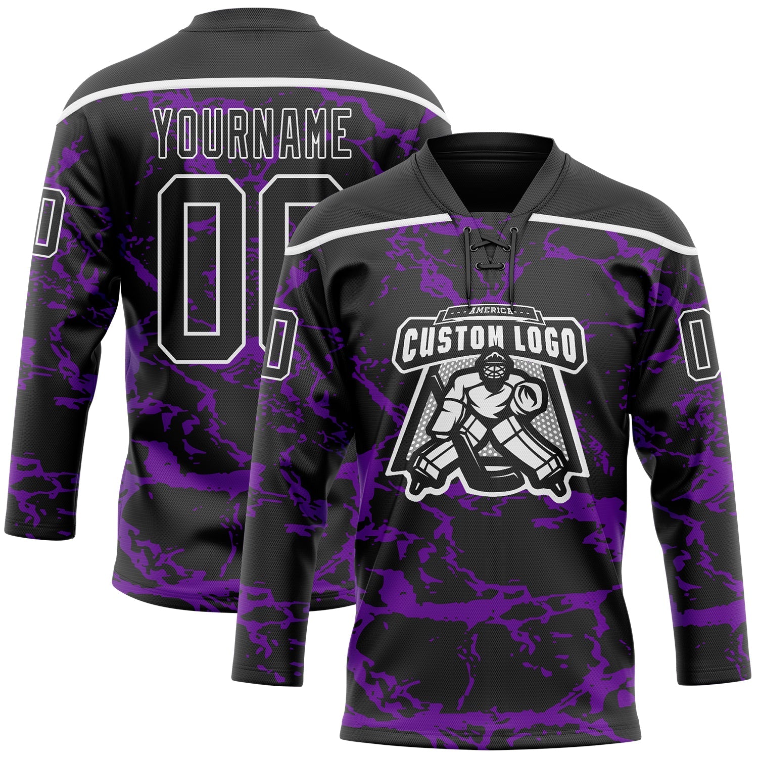 Custom Black Purple-White Lightning Hockey Lace Neck Jersey view 2