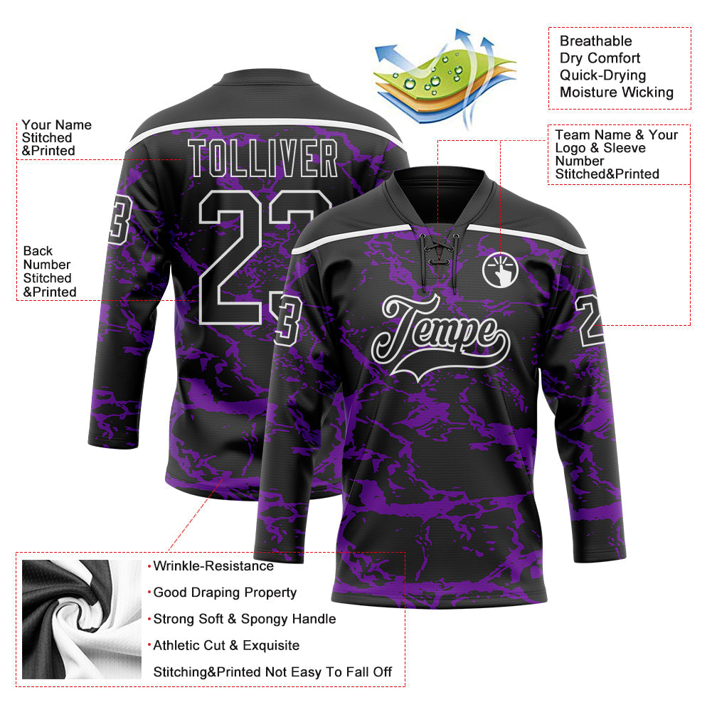 Custom Black Purple-White Lightning Hockey Lace Neck Jersey view 5