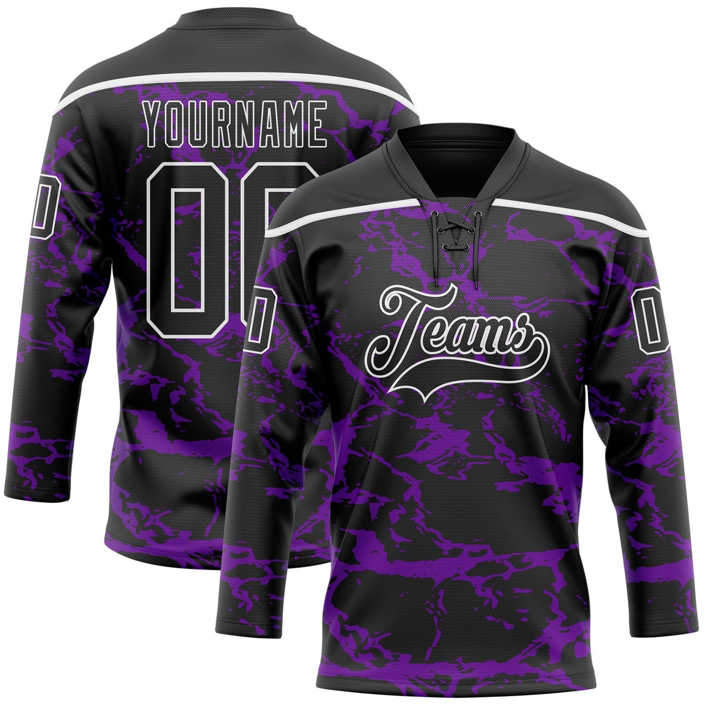 Custom Black Purple-White Lightning Hockey Lace Neck Jersey - Main View