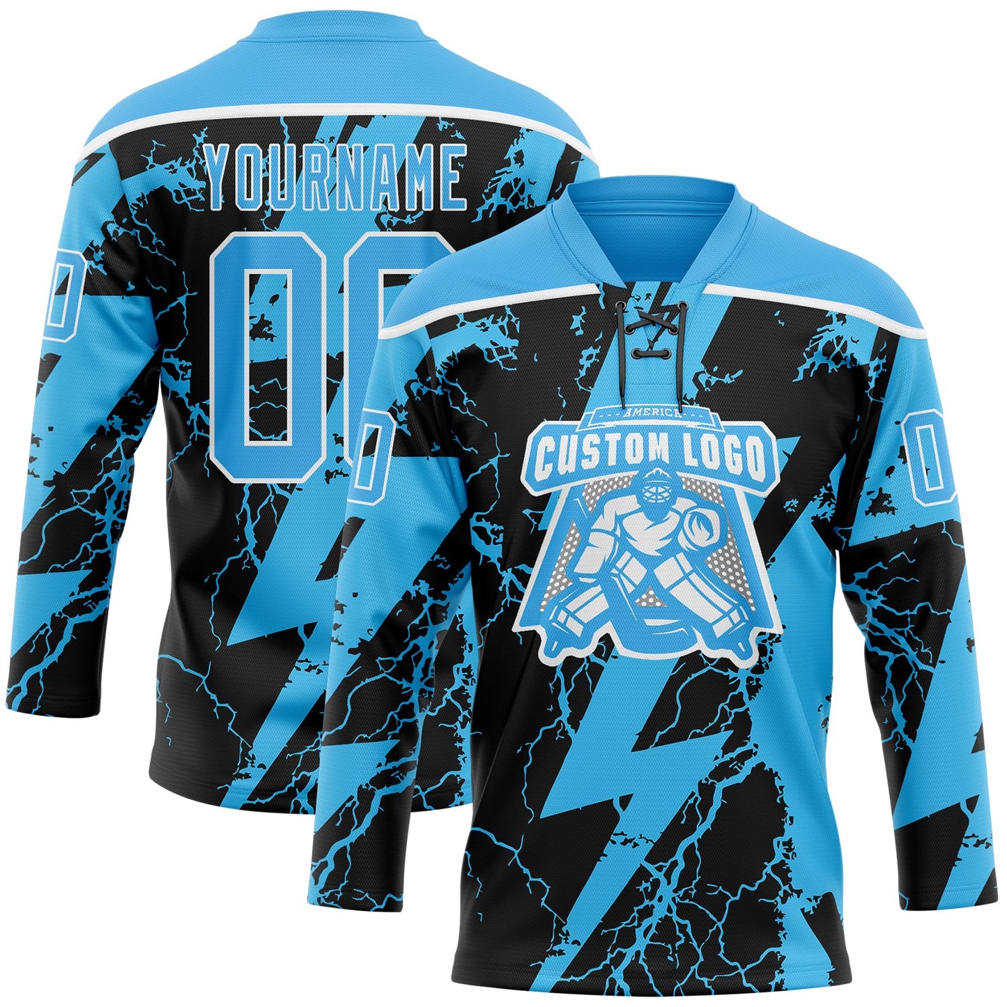 Custom Sky Blue Black-White Lightning Hockey Lace Neck Jersey view 2