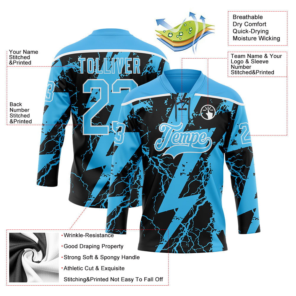 Custom Sky Blue Black-White Lightning Hockey Lace Neck Jersey view 5