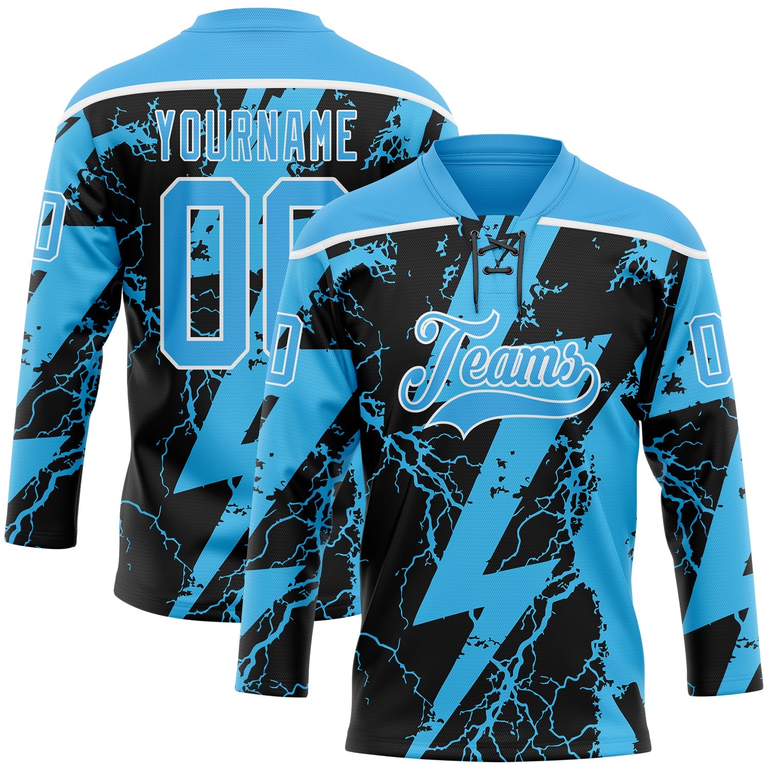 Custom Sky Blue Black-White Lightning Hockey Lace Neck Jersey - Main View