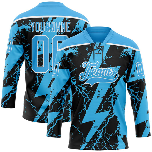 Custom Sky Blue Black-White Lightning Hockey Lace Neck Jersey - Main View