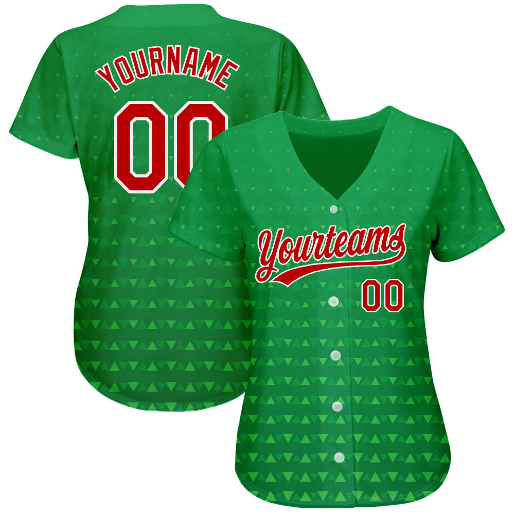 Custom Kelly Green Red-White 3D Pattern Design Authentic Baseball Jersey view 2