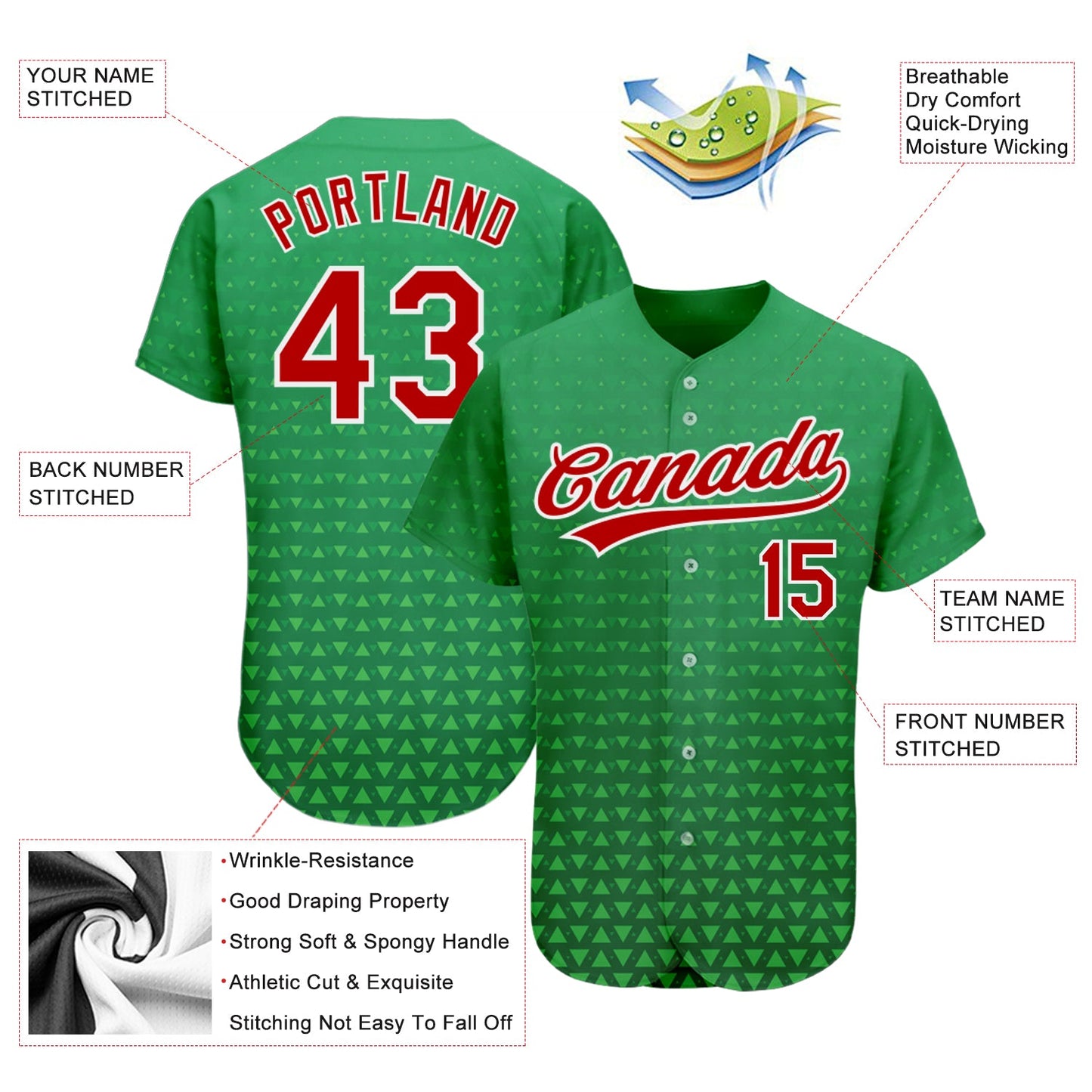 Custom Kelly Green Red-White 3D Pattern Design Authentic Baseball Jersey view 3