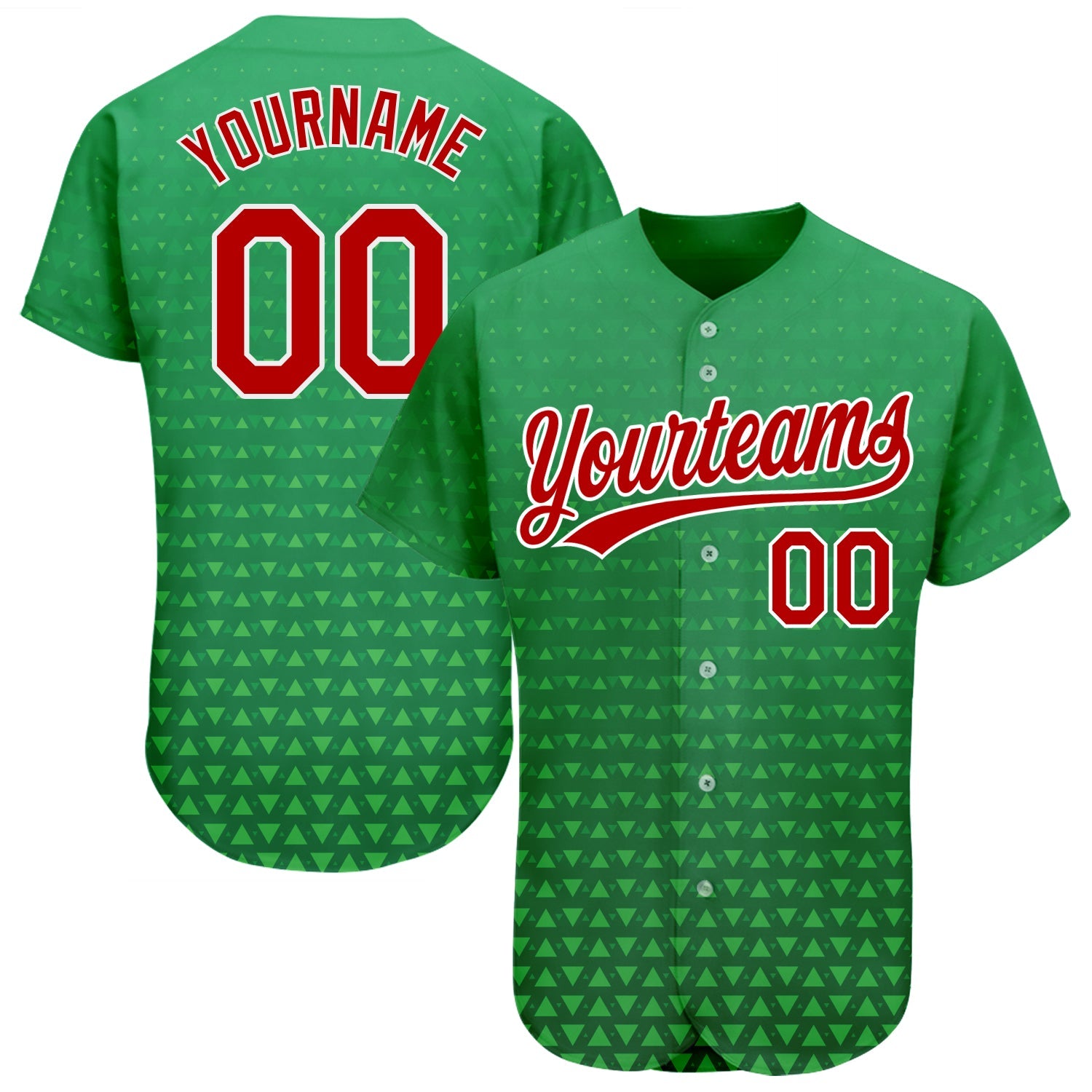 Custom Kelly Green Red-White 3D Pattern Design Authentic Baseball Jersey - Main View