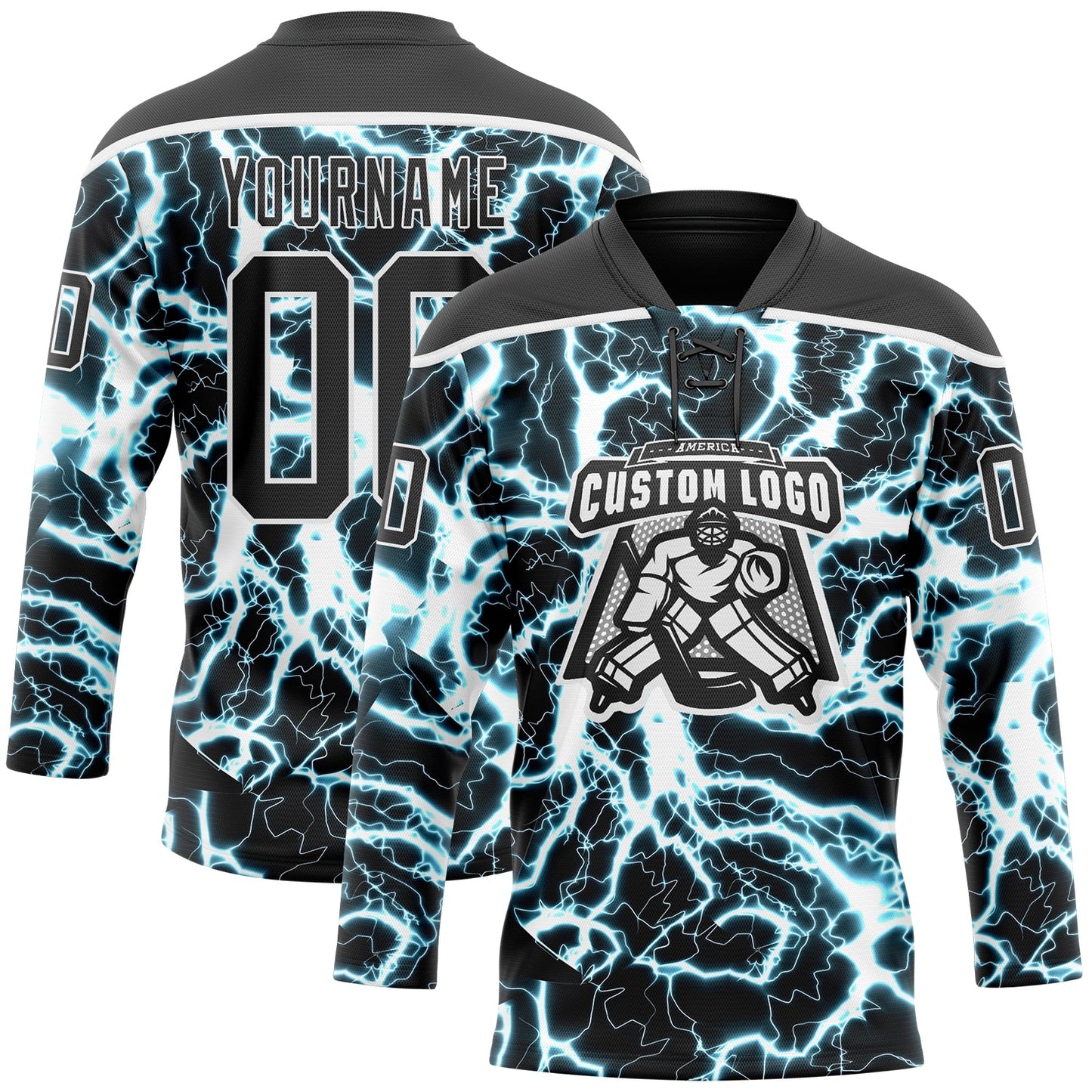 Custom Black Blue-White Lightning Hockey Lace Neck Jersey view 2