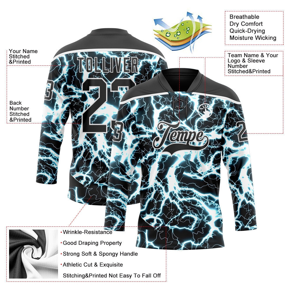 Custom Black Blue-White Lightning Hockey Lace Neck Jersey view 5