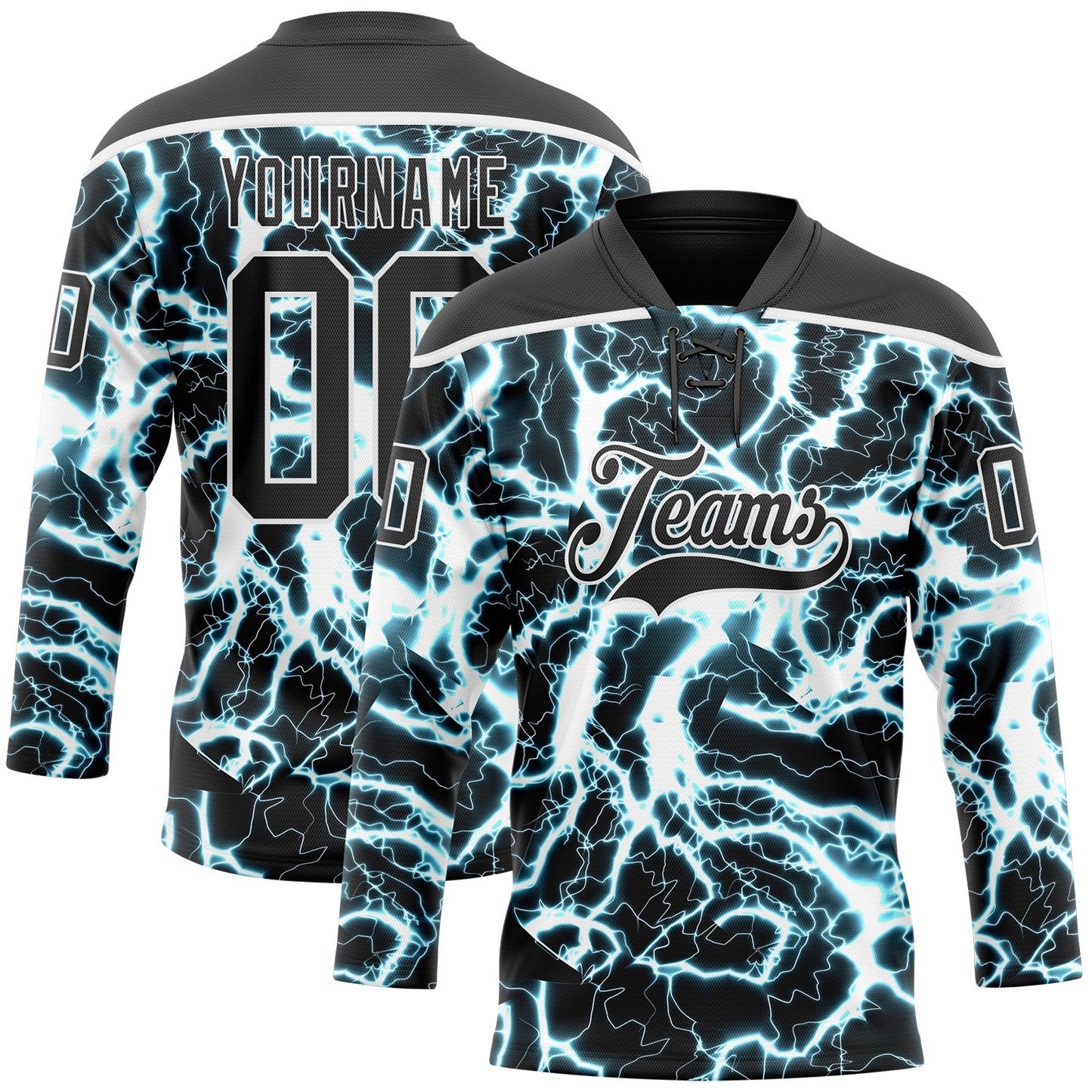 Custom Black Blue-White Lightning Hockey Lace Neck Jersey - Main View