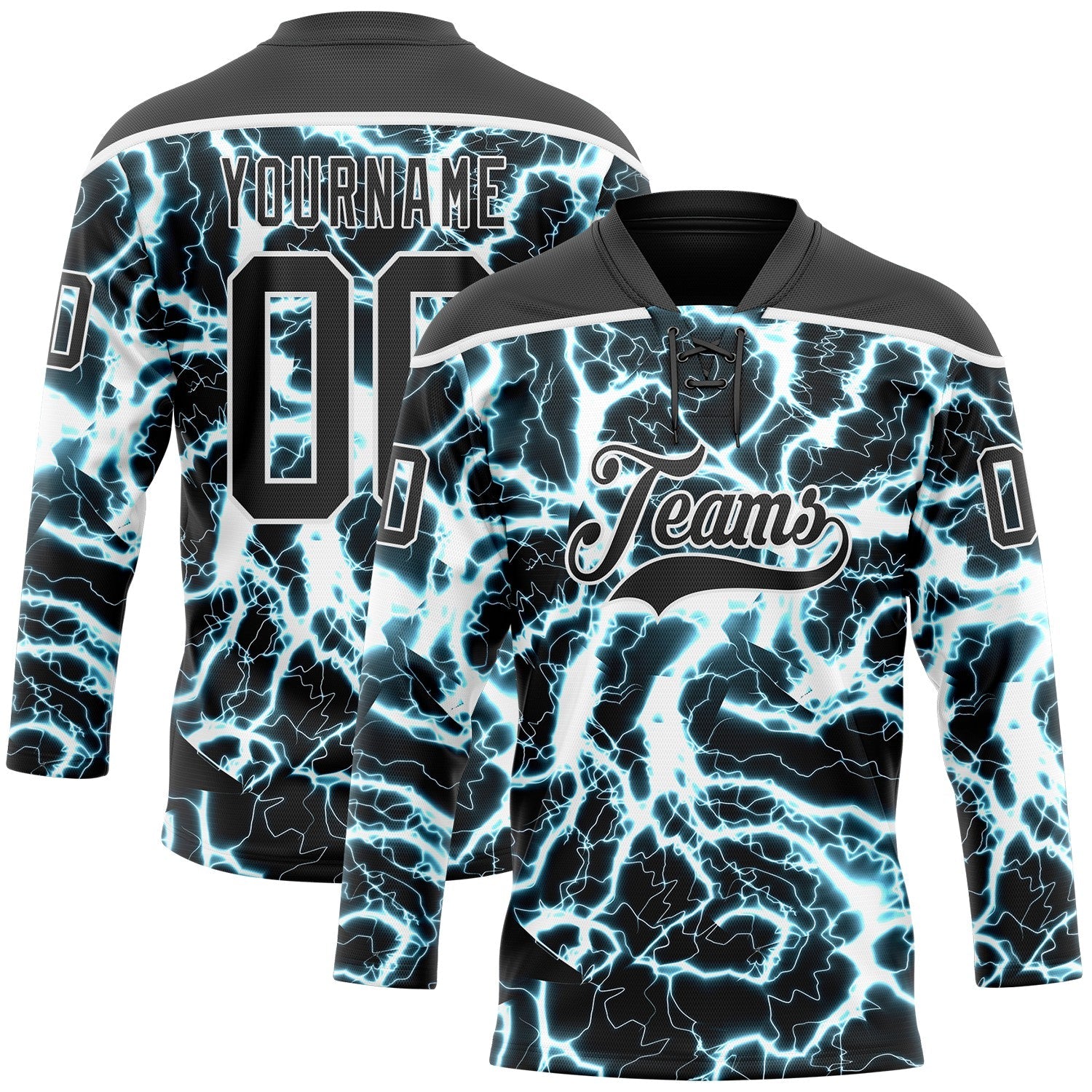 Custom Black Blue-White Lightning Hockey Lace Neck Jersey - Main View