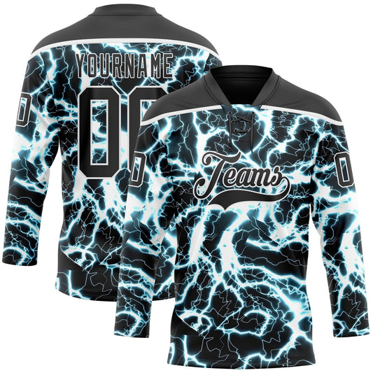 Custom Black Blue-White Lightning Hockey Lace Neck Jersey - Main View