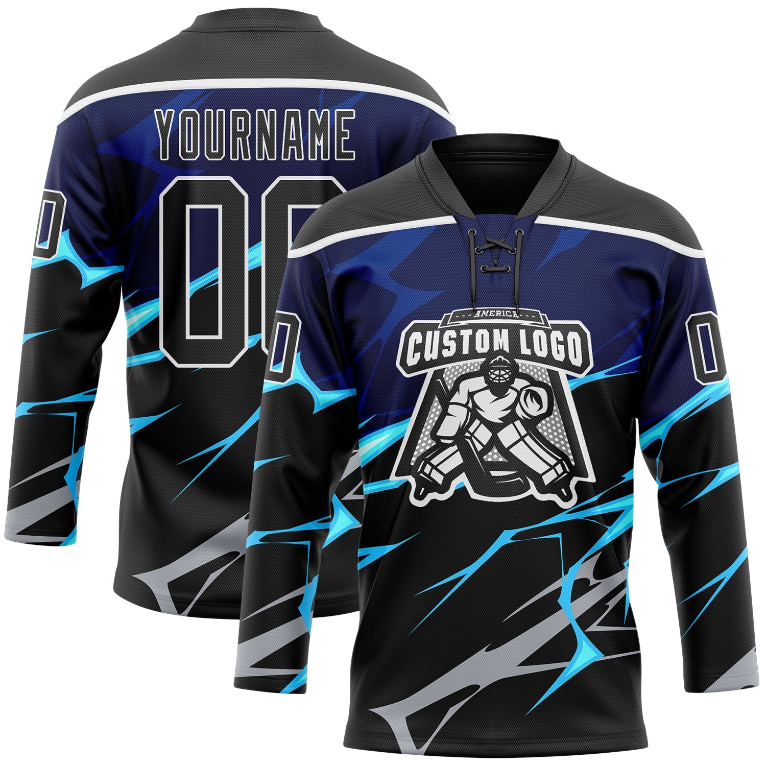 Custom Black Blue Gray-White Lightning Hockey Lace Neck Jersey view 2