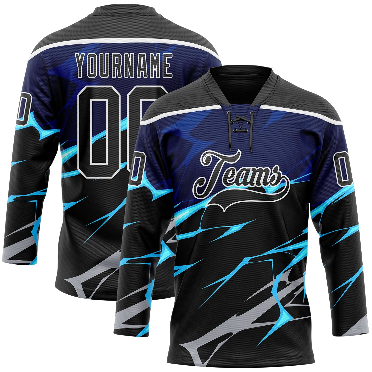 Custom Black Blue Gray-White Lightning Hockey Lace Neck Jersey - Main View