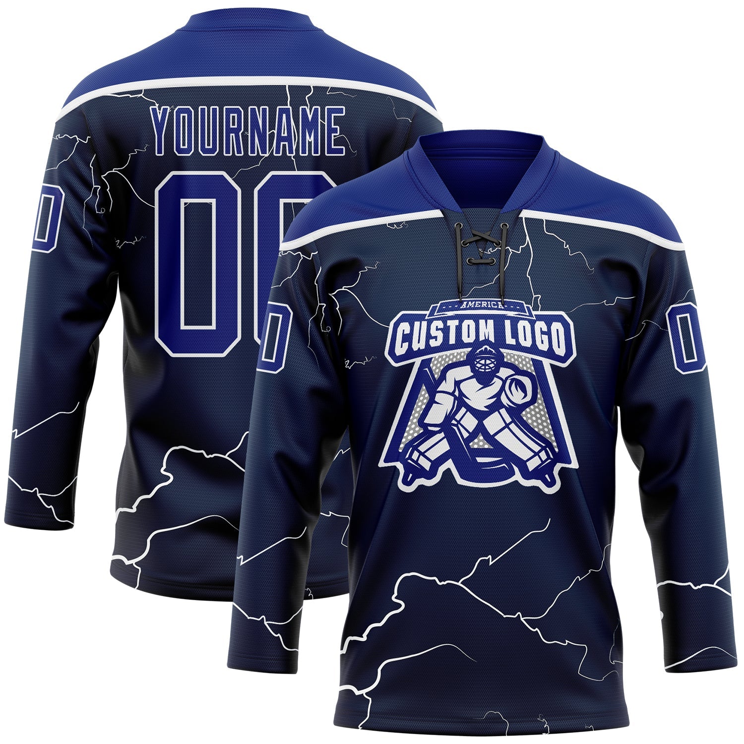 Custom Navy Royal-White Lightning Hockey Lace Neck Jersey view 2