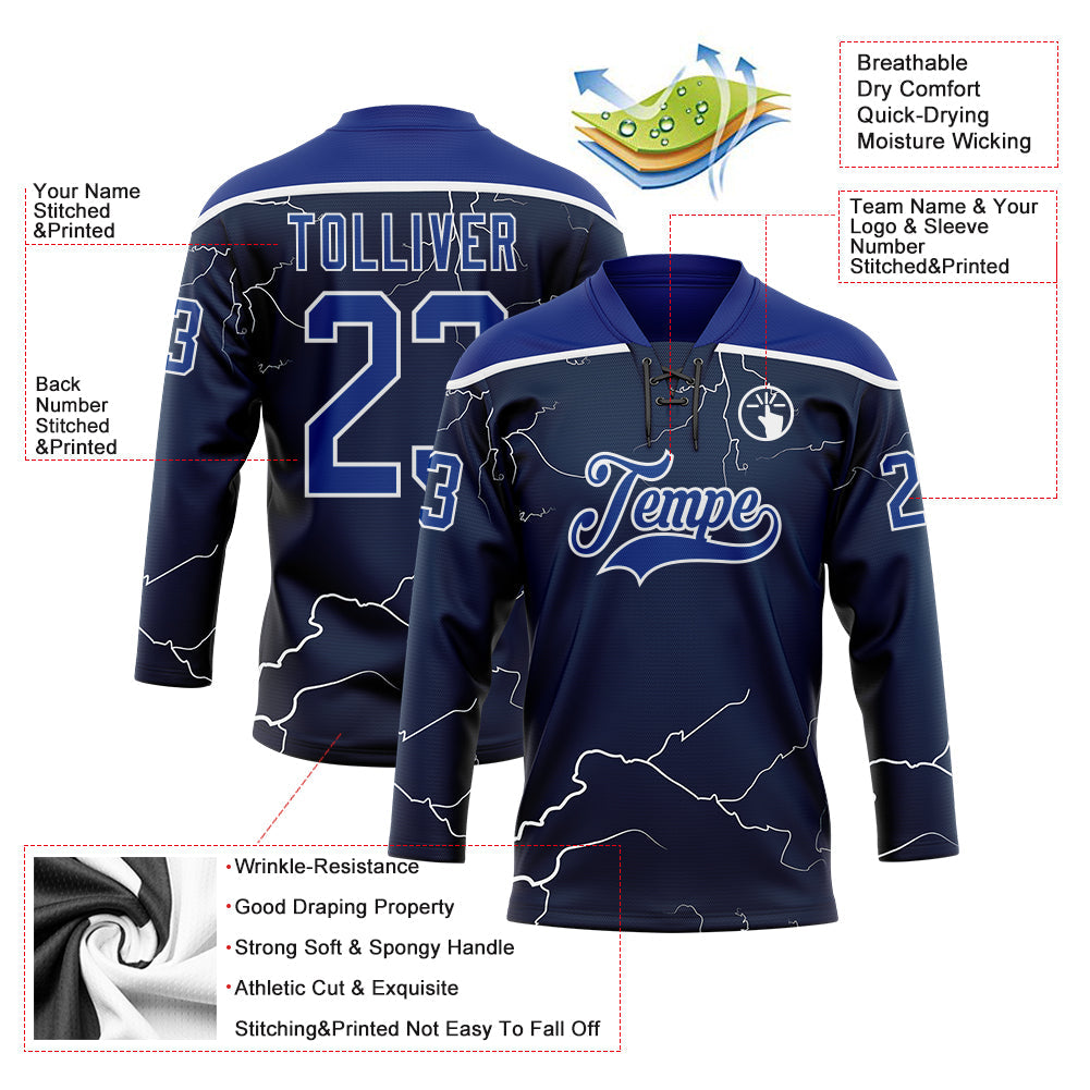 Custom Navy Royal-White Lightning Hockey Lace Neck Jersey view 5