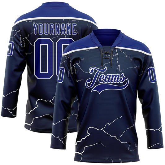 Custom Navy Royal-White Lightning Hockey Lace Neck Jersey - Main View