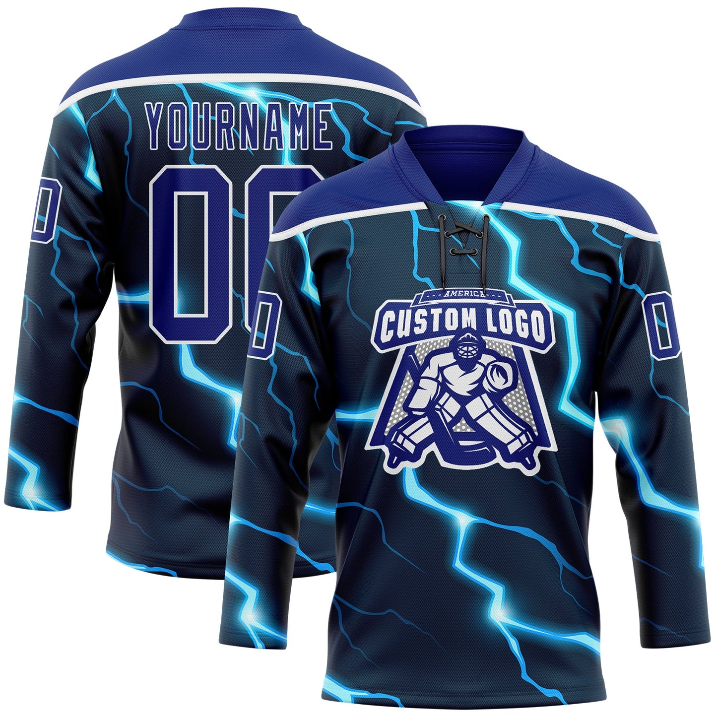 Custom Navy Royal Blue-White Lightning Hockey Lace Neck Jersey view 2