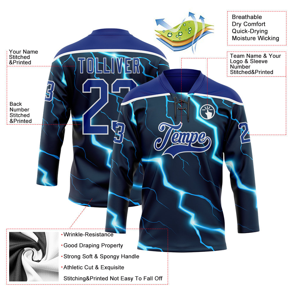 Custom Navy Royal Blue-White Lightning Hockey Lace Neck Jersey view 5