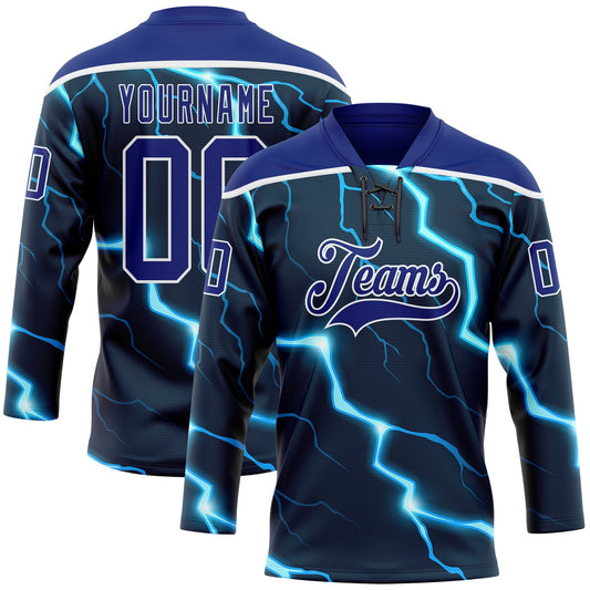 Custom Navy Royal Blue-White Lightning Hockey Lace Neck Jersey - Main View