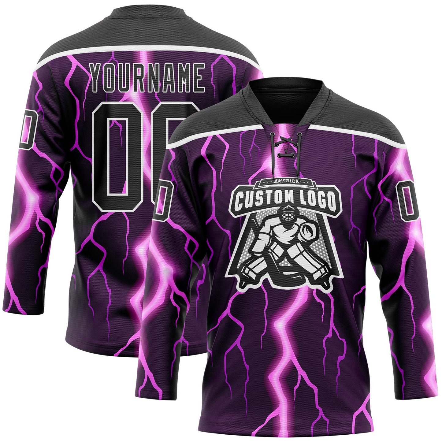 Custom Black Purple Pink-White Lightning Hockey Lace Neck Jersey view 2