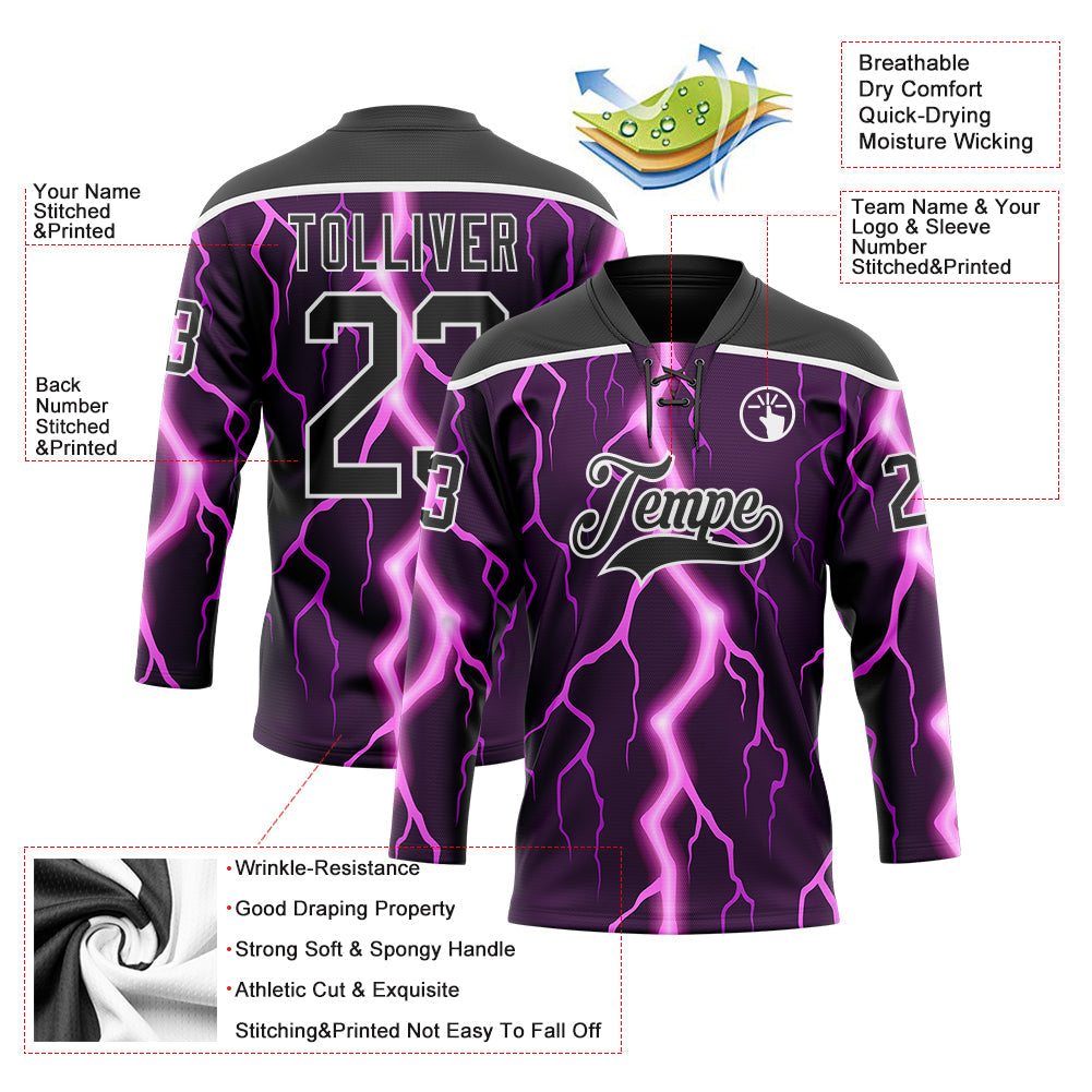 Custom Black Purple Pink-White Lightning Hockey Lace Neck Jersey view 5