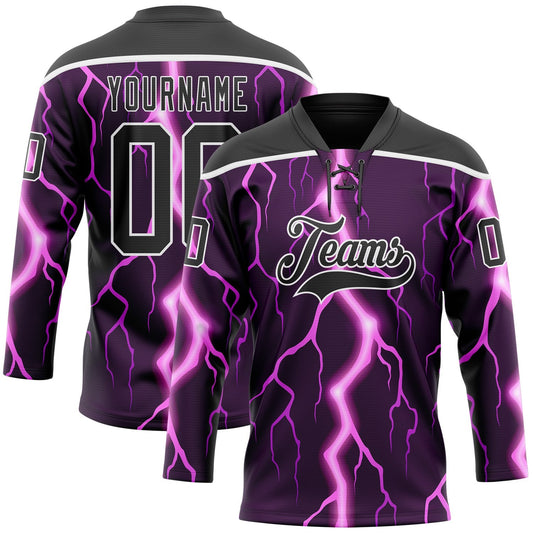 Custom Black Purple Pink-White Lightning Hockey Lace Neck Jersey - Main View