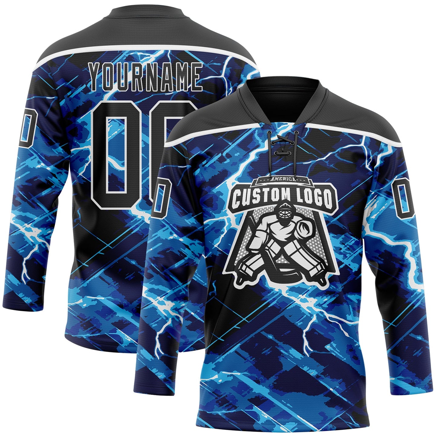 Custom Black Blue-White Lightning Hockey Lace Neck Jersey view 2