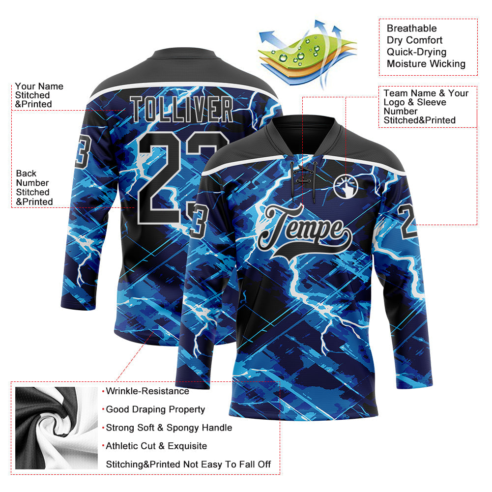 Custom Black Blue-White Lightning Hockey Lace Neck Jersey view 5
