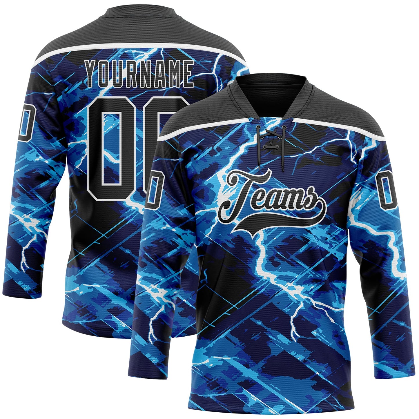 Custom Black Blue-White Lightning Hockey Lace Neck Jersey - Main View