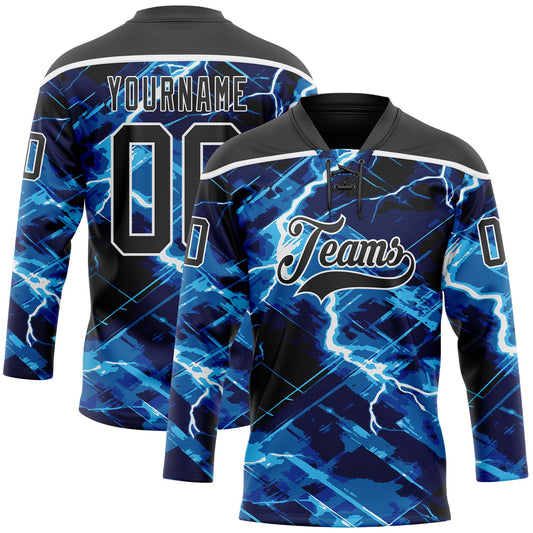 Custom Black Blue-White Lightning Hockey Lace Neck Jersey - Main View