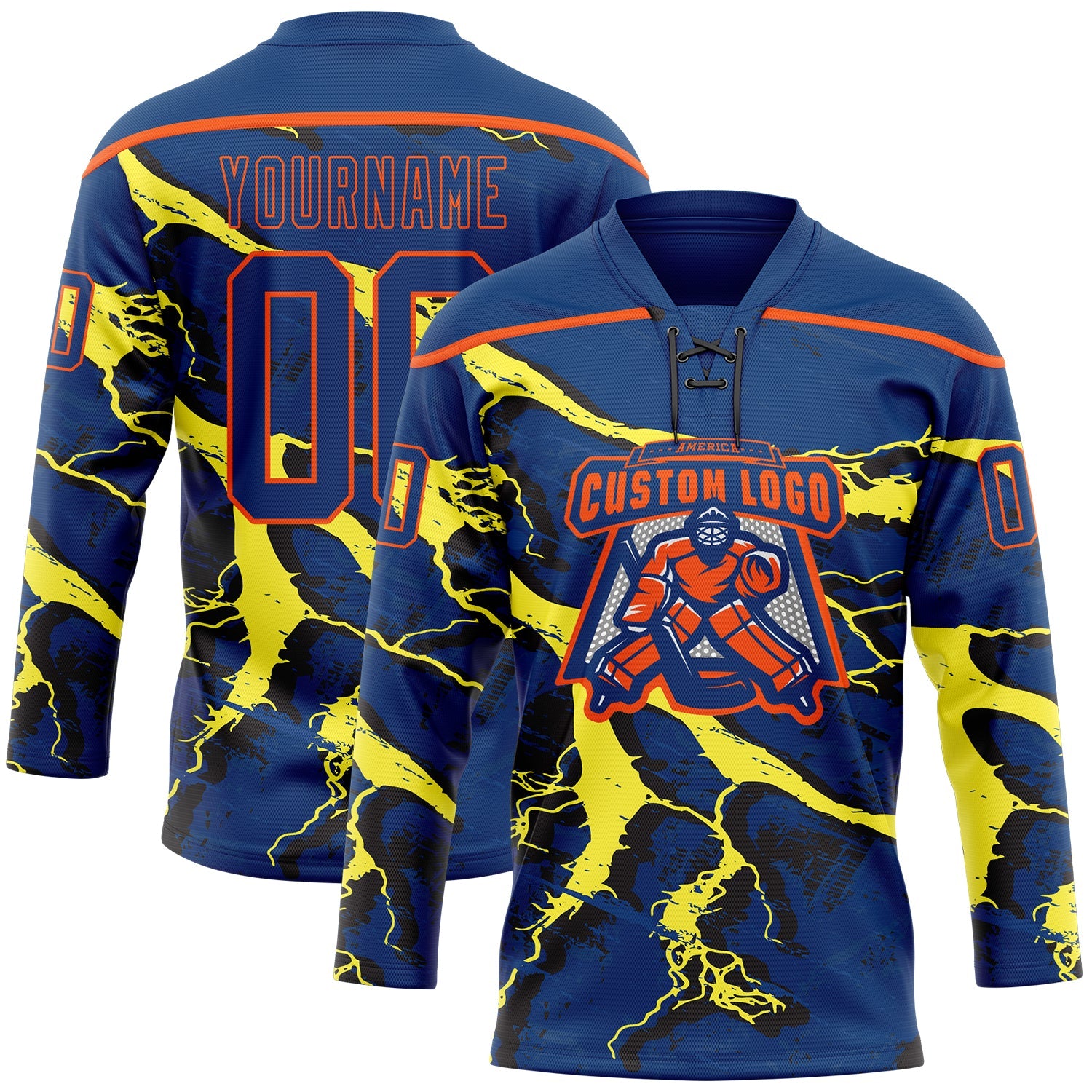 Custom US Navy Blue Yellow Black-Orange Lightning Hockey Lace Neck Jersey view 2