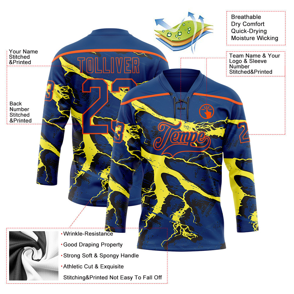 Custom US Navy Blue Yellow Black-Orange Lightning Hockey Lace Neck Jersey view 5