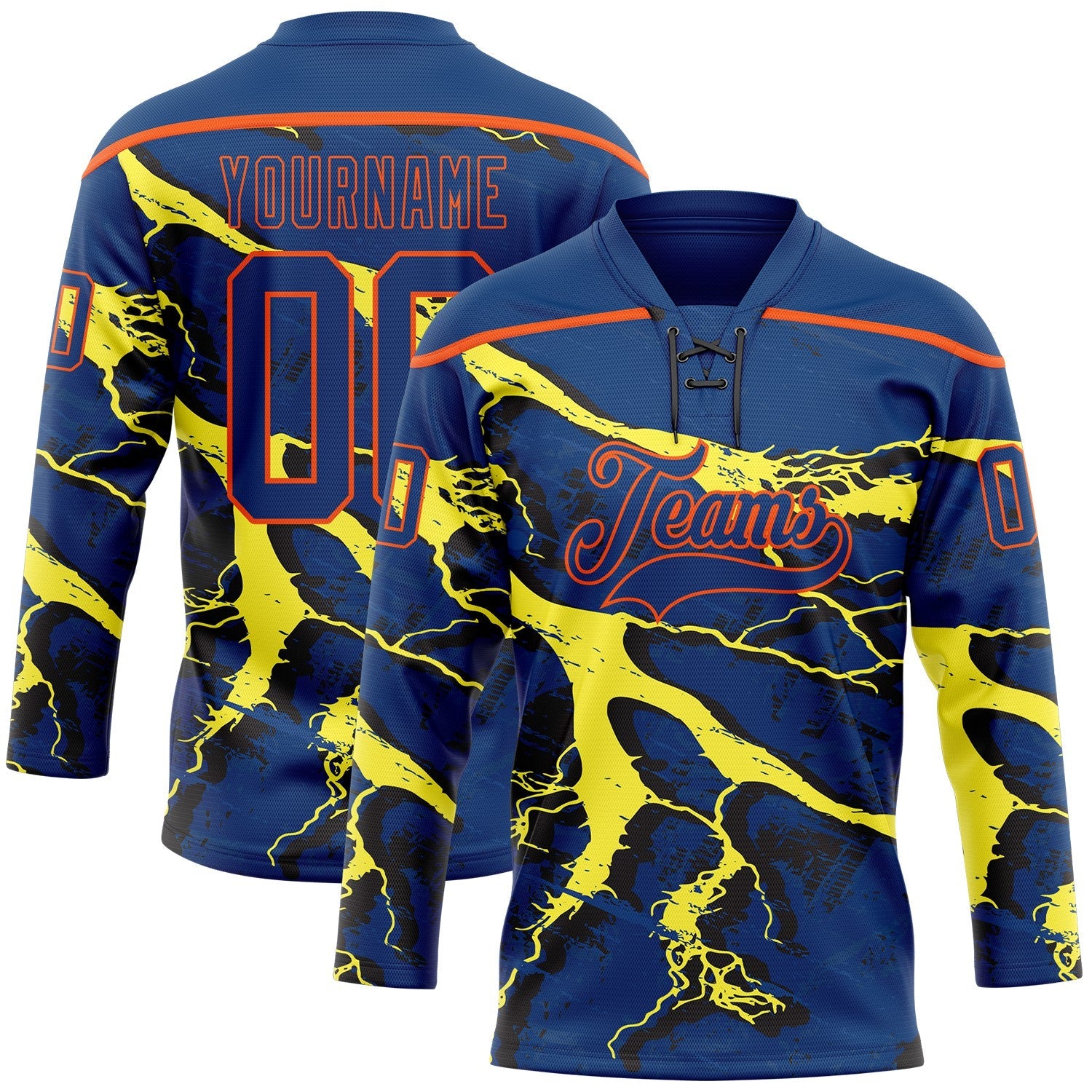 Custom US Navy Blue Yellow Black-Orange Lightning Hockey Lace Neck Jersey - Main View