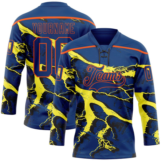 Custom US Navy Blue Yellow Black-Orange Lightning Hockey Lace Neck Jersey - Main View