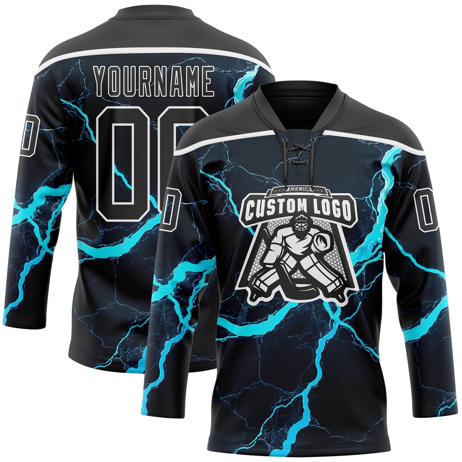 Custom Black Blue-White Lightning Hockey Lace Neck Jersey view 2