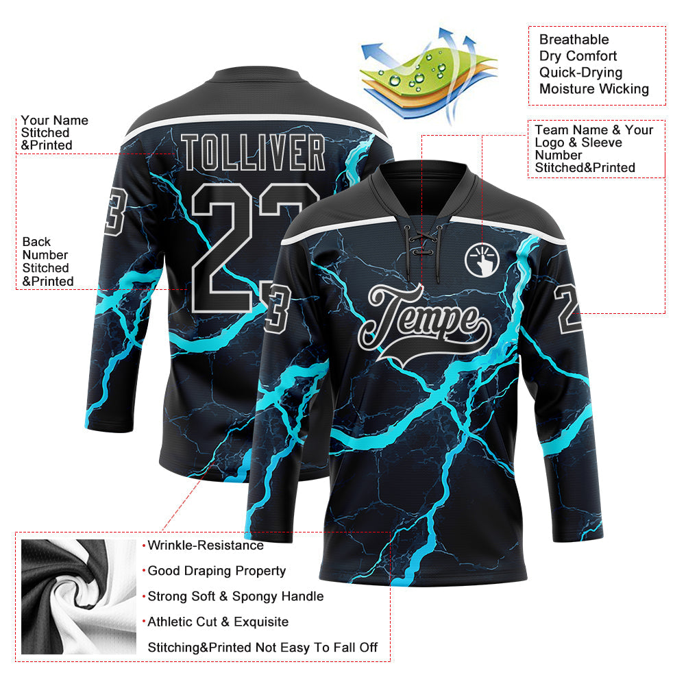 Custom Black Blue-White Lightning Hockey Lace Neck Jersey view 5