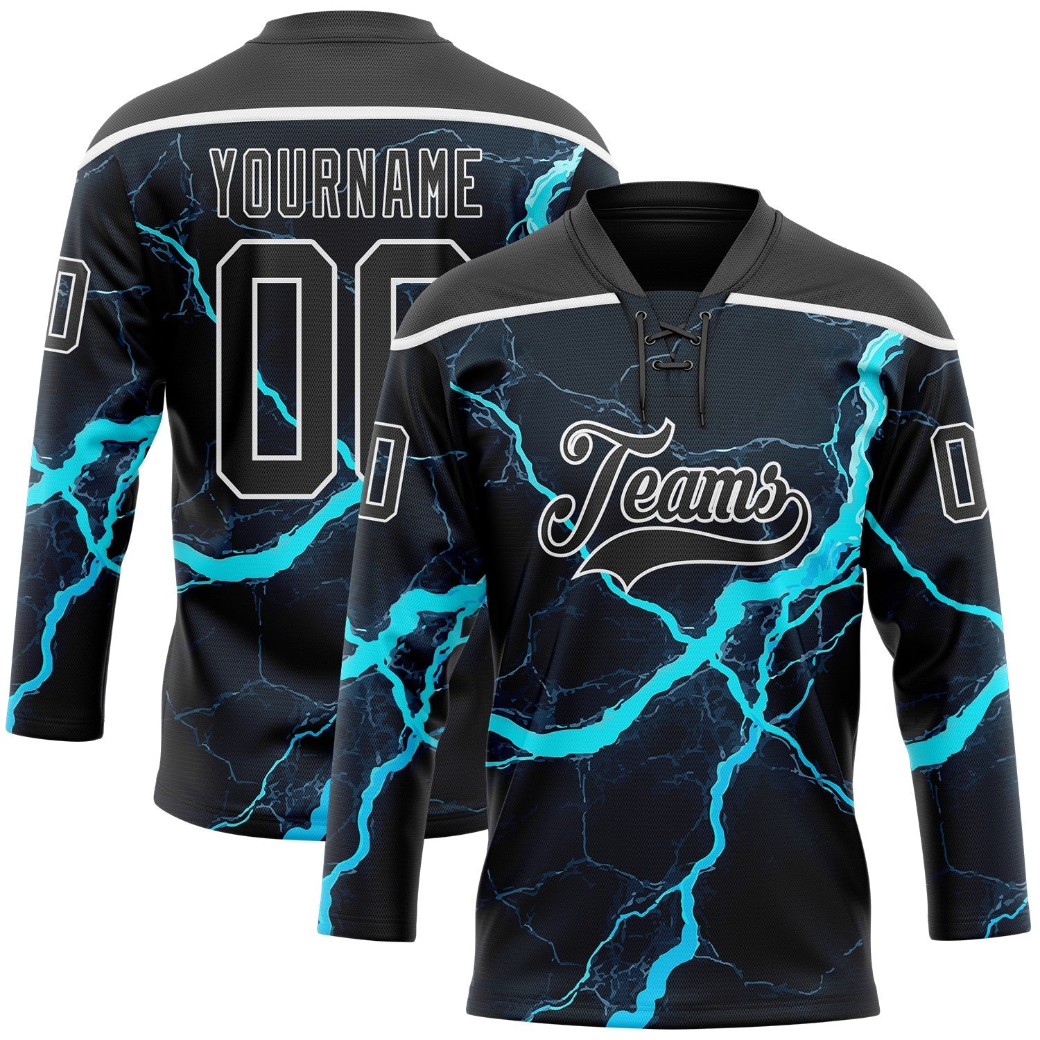 Custom Black Blue-White Lightning Hockey Lace Neck Jersey - Main View