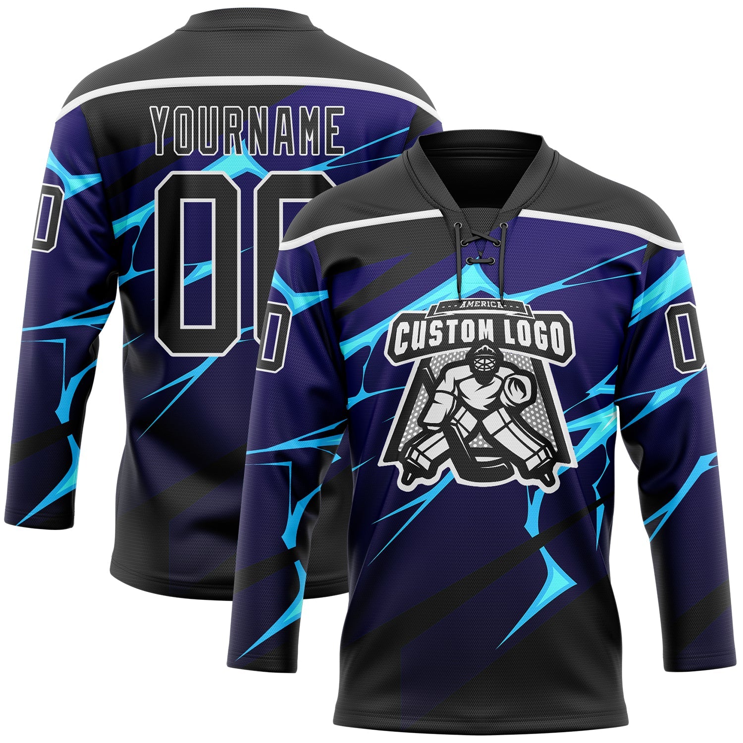 Custom Black Blue-White Lightning Hockey Lace Neck Jersey view 2