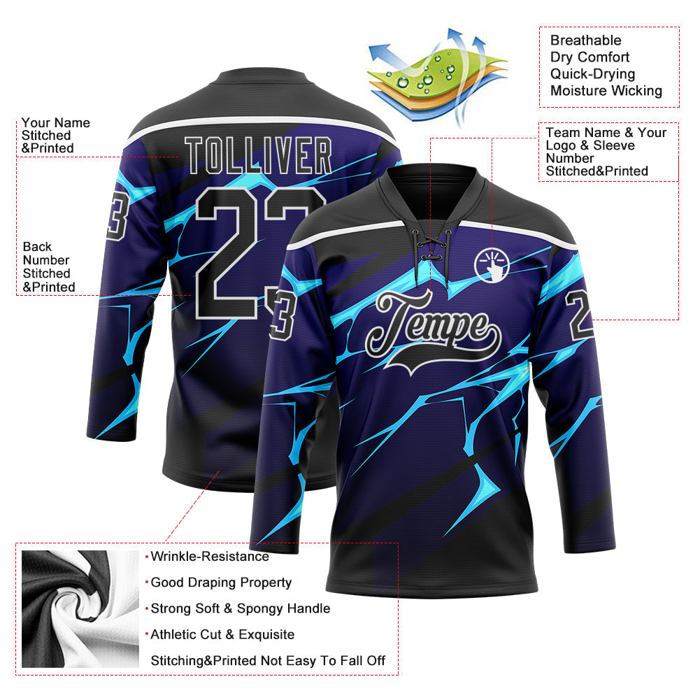 Custom Black Blue-White Lightning Hockey Lace Neck Jersey view 5