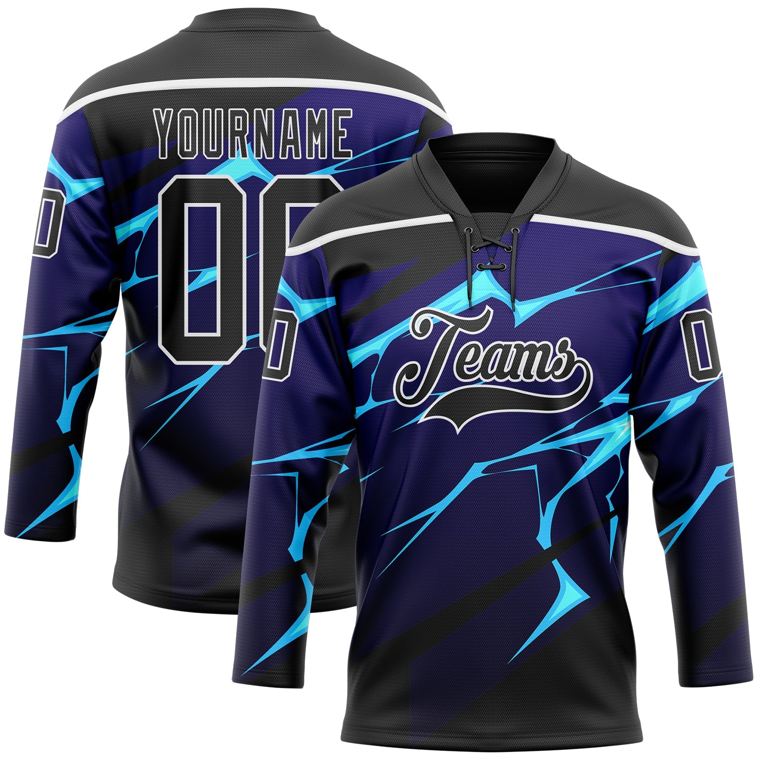 Custom Black Blue-White Lightning Hockey Lace Neck Jersey - Main View