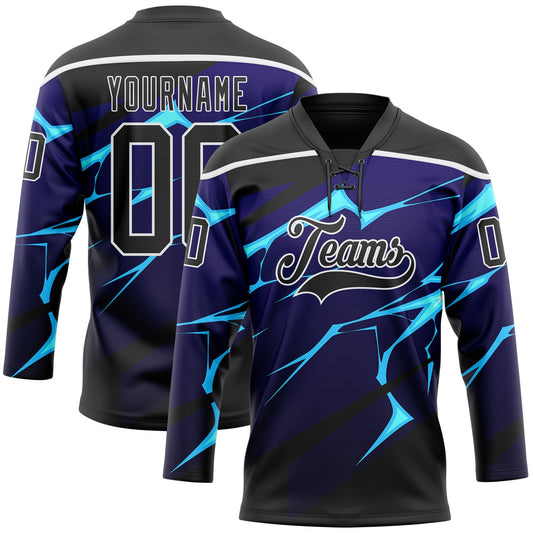 Custom Black Blue-White Lightning Hockey Lace Neck Jersey - Main View