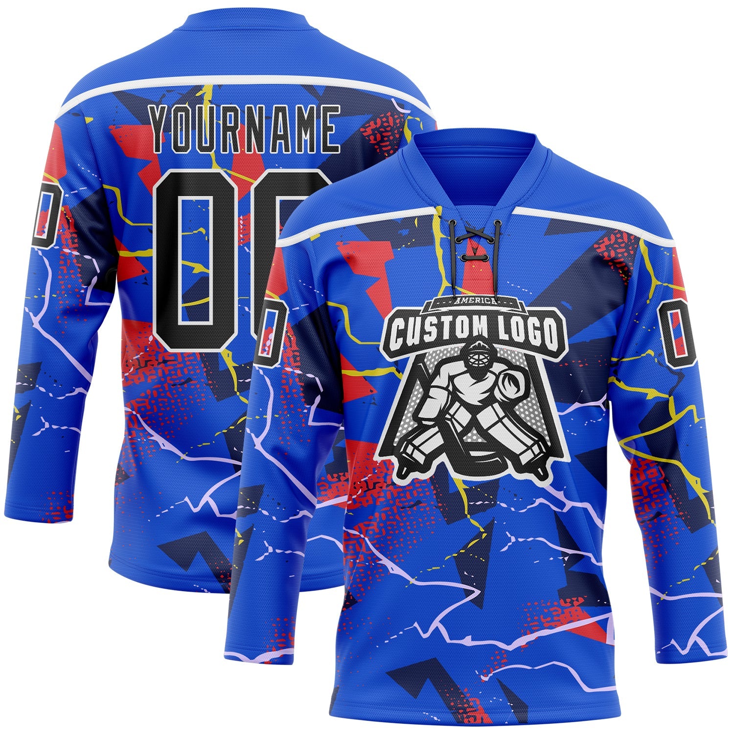 Custom Thunder Blue Black Red Yellow-White Lightning Hockey Lace Neck Jersey view 2