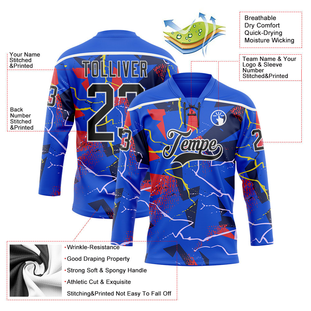 Custom Thunder Blue Black Red Yellow-White Lightning Hockey Lace Neck Jersey view 5
